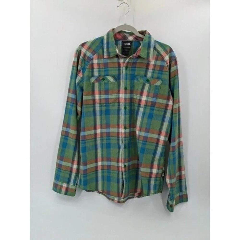 The North Face Flannel Shirt Mens S‎ Green Blue Plaid Long Sleeve Button Front